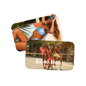 Two Gift Cards: one with a woman in a blue bikini outdoors, the other with three women in colorful bikinis on a tennis court. Each features Kulani Kinis branding. The perfect online Gift Card for swimwear lovers!.