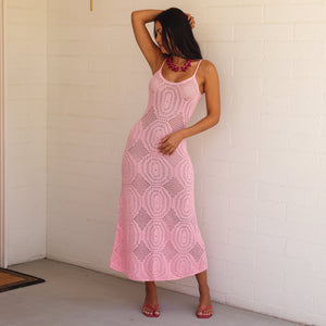 Crochet Lace Knit Maxi Dress - Pocket Pink