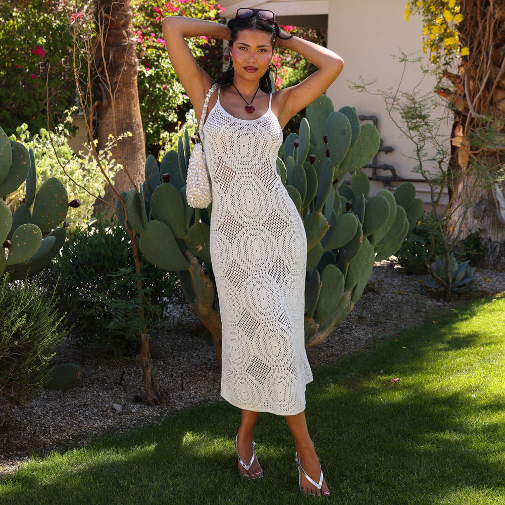 Crochet Lace Knit Maxi Dress - Whipped White