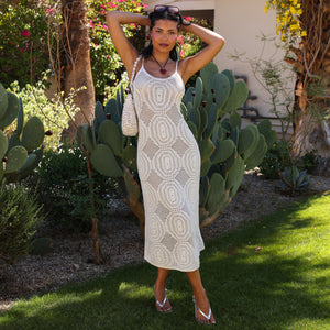 Crochet Lace Knit Maxi Dress - Whipped White