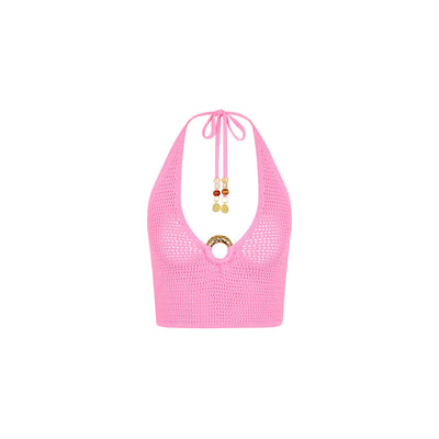 Knit Ring Halter Crop Top - Bubblegum