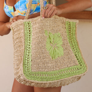 Hibiscus Straw Tote Bag - Pine Lime