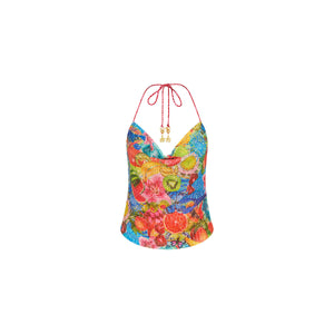 Sequin Cowl Halter Neck Top - Cherry Spritz