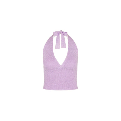 Retro Tie Halter Knit Top - Lilac Glimmer
