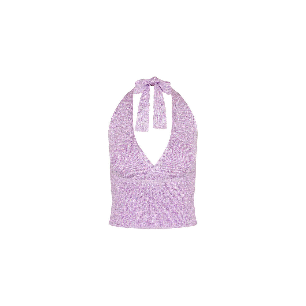 Retro Tie Halter Knit Top - Lilac Glimmer